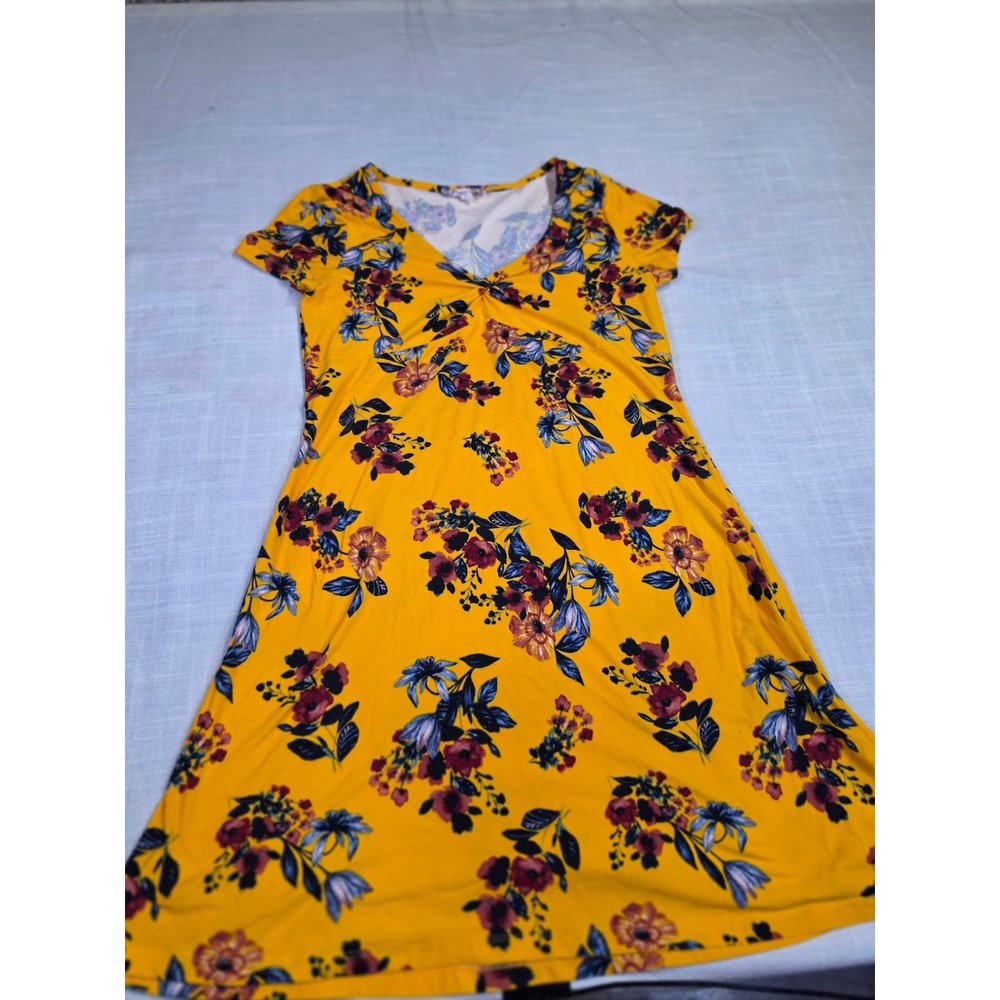 Pink Rose Mustard Yellow Floral V-Neck Short Sleeve A-Line Dress PF843193 Mens M
